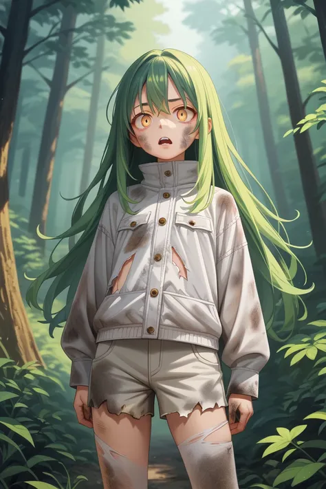  yellow-green hair, One girl ,  high res,  long hair,Forest Background, golden eyes, masterpiece,  anatomically correct , accurate,  high definition model , Yellow-green hair, tooth,  open your mouth slightly , toothが尖っている, Vertical pupil/Cat&#39;s Eyes, F...