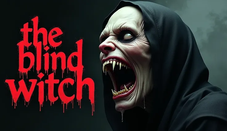 Horror Blind Witch With Big Teeth and also write " The Blind Witch" In Red And White 