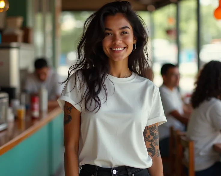 High definition image WOMAN 20 years old Latina brunette black hair tattoo on her arm daytime image she wears a simple large white t-shirt and lets loose black jeans light and shade on her clothes she is having fun with friends she is at an ice cream shop ...