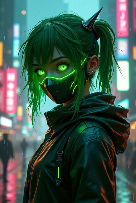 The girl stands in a futuristic cityscape, bathed in the glow of neon lights. Her face is partially obscured by a sleek, high-tech green mask that hugs the contours of her features. The mask has a subtle, angular design, with sharp lines and glowing accent...