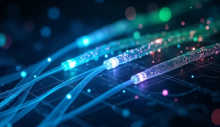 "A close-up view of glowing optical fibers transmitting data, with vibrant streaks of light in blue, green, and purple hues traveling along the cables. Tiny particles and binary code (1s and 0s) are visible, flowing seamlessly within the fiber paths, symbo...