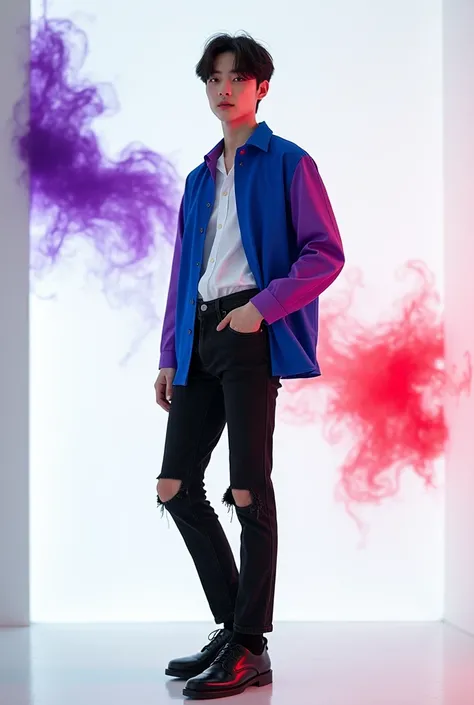 Photo of a Korean guy Handsome white skin with bangs wearing a blue purple white shirt and long black jeans ripped knee thin black shoes again in a white room with lots of splashes of purple red and