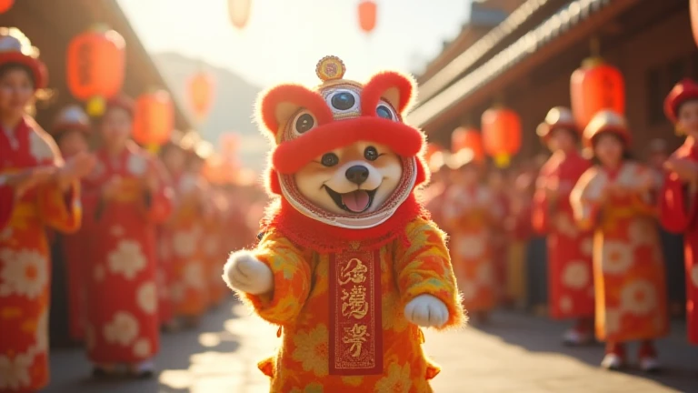 "A Shiba Inu wearing a lion dance headpiece is joyfully moving as if performing a traditional dance at a New Years festival. The Shiba Inu is full of energy, lifting its paws alternately to mimic the motions of a lion dance. Surrounding the Shiba Inu are r...