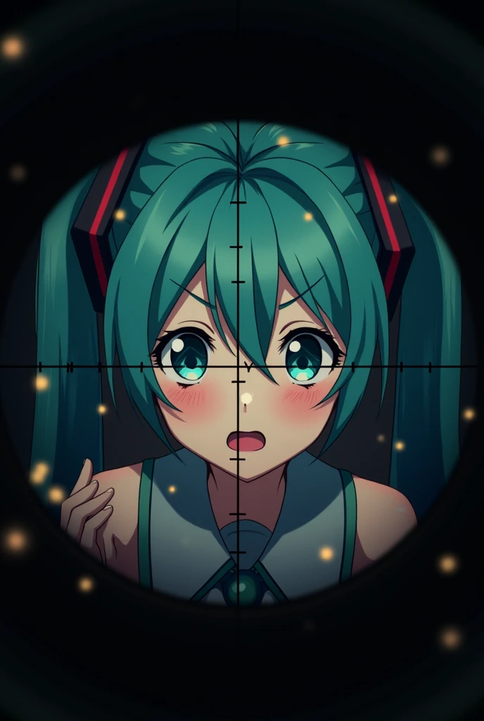  Hatsune Miku 、Hibana、（Being targeted by a scope）、（Top view）、 top quality 、Clear Patterns 、Teary-eyed、 black background、（Sparks are fluttering）