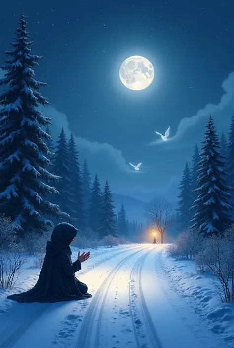 Sky with stars ,  lit tree , small  praying,  illuminated road , angels ,  snow