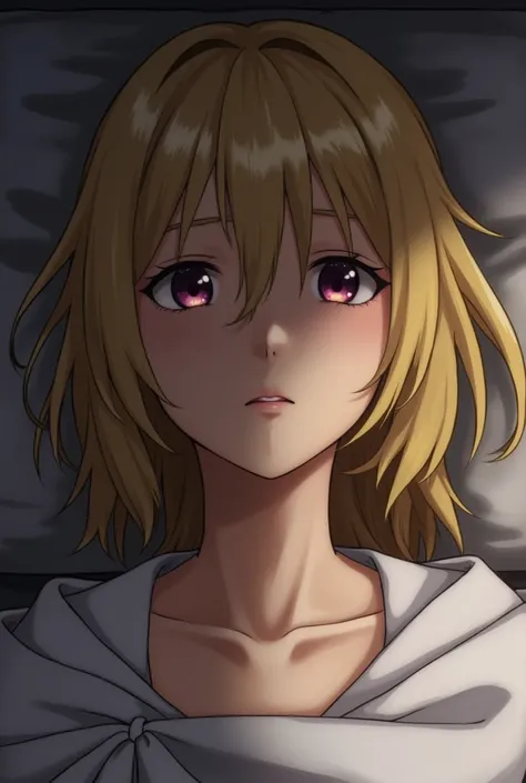 Jeanne darc, fate stay night, realistic, just a face, lying in bed, with slight open eyes, chin is up, Head tilted slightly