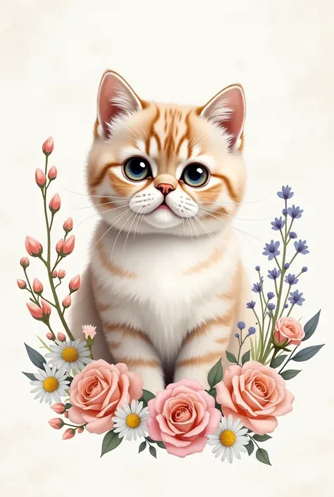 A watercolor painting of a single Scottish Fold cat, showcasing its iconic folded ears and round, expressive eyes. The cat is surrounded by soft, delicate floral patterns, featuring pastel flowers like roses, daisies, and wildflowers. The background is cle...