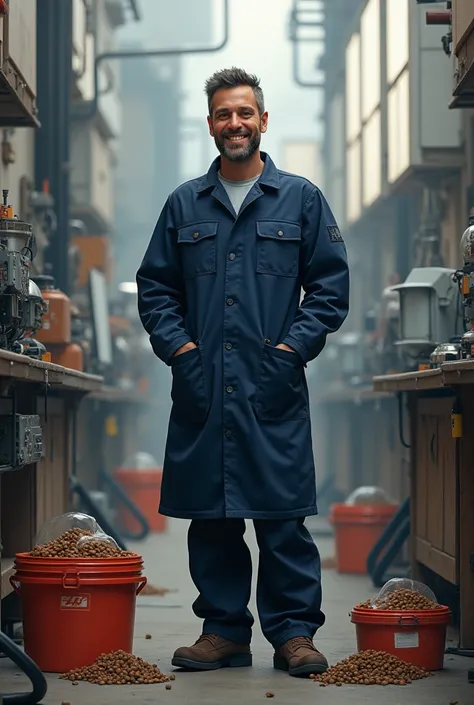 A 30-YEAR-OLD MAN WHO IS A TELECOMMUNICATIONS ANTENNA TECHNICIAN STANDS WITH EQUIPMENT AND KIBBLE AND A NAVY BLUE DRESS AND IS SMILING