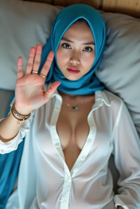 A Indonesia hijab girl, transparent white shirt unbutton, blue satin shine hijab, soft stomach,nude, naked, perfect breast, show vagina, hairy pussy, high five hand to camera pose, showing her shoulder,  in the bedroom, lying in bed with pillow, top view, ...