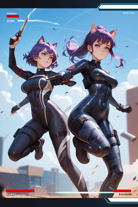 cat eyes, purple hair, covered navel, hair intakes, skin tight, military bodysuit, latex bodysuit,holding combat knife, digital camouflage, faceoff, incoming punch, flying kick, 2girls, health bar, motion lines, 