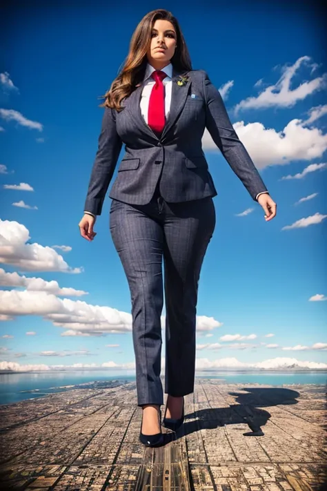 Looking down at the approaching young giga giantess, Giantess art, 500 miles tall giga giantess, young sophisticated and stylish woman in a grey italian pinstriped trouser 3-peice suit, form fitting crisp office shirt, and a large wide light blue necktie i...