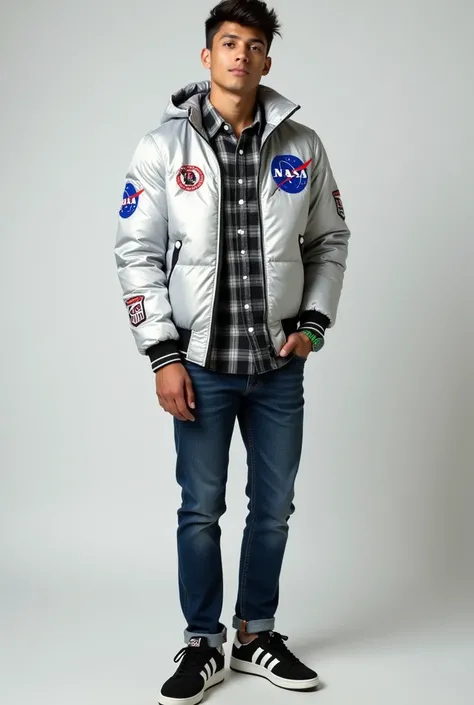  Heated jacket in gray to white ,  that change depending on the light ,  with NASA designs on the front and sleeves . The cut is modern and tight ,  perfect for keeping warm .

 Oversized flannel or plaid shirt in white colors ,  gray and black , slightly ...