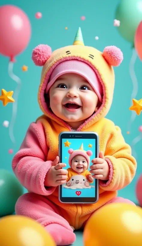 " Create a course cover with a baby of approximately  wearing a cute and colorful costume.  The baby must be smiling with an expression of extreme cuteness , holding a cell phone with the baby inside the cell phone screen .  The cover must include the TikT...