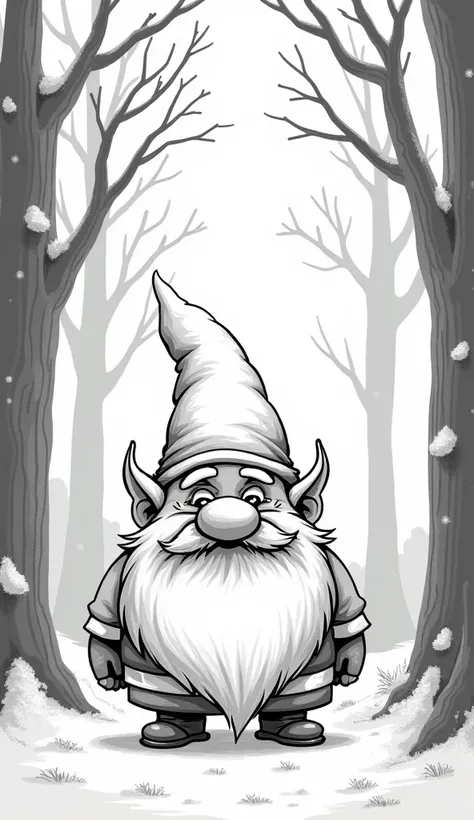 Coloring for adults, fantasy funny gnome, no color, snowy forest background