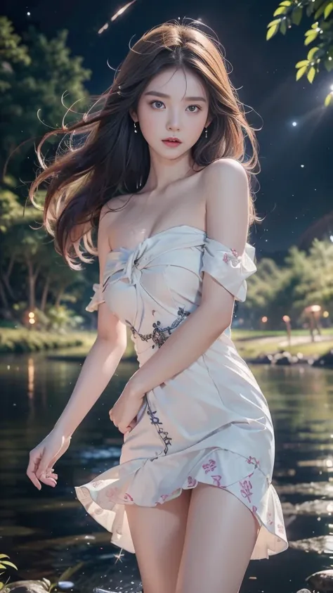 1 girl, 19 years old, ((city in Vietnam)), dark brown hair, purple eyes, hair ornament, white flared skirt ((cowboy photo)), ((bare shoulders)), ((dress)), realistic detailed photo of a plumple breasted girl with exposed shoulders, groomed fingers, high-qu...