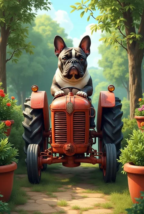  French bulldog mascot bushes on a tractor with plants in containers,Trees, кустами