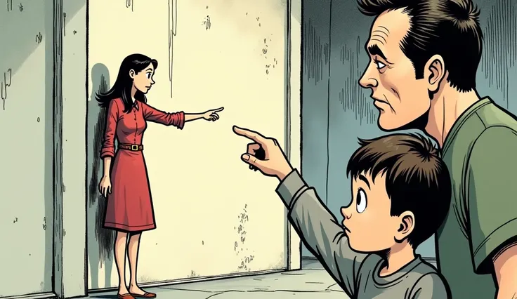   the father, Still thinking , vira-se para o son e pergunta, Intrigued: "Like this, son?"
O son,  with a stretched finger and wide eyes,  answers : " She is banging her head against the wall , look there!"  (Picture as comics  )