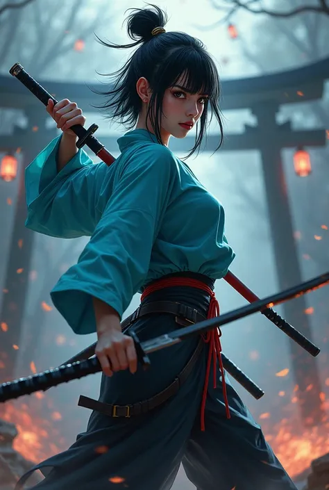 Comic book cover style, high-quality, 4K, 8K, ultra-detailed masterpiece, dynamic action pose: Mayumi stands in a dramatic fighting stance, katana drawn, with an intricate obsidian-black blade that absorbs light. Her eyes are fiercely focused, and her expr...