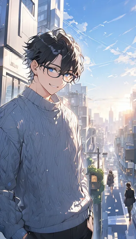 Alone,Black Hair，male， blue eyes，smile， knit , handsome, black glasses,blue sky,morning,City