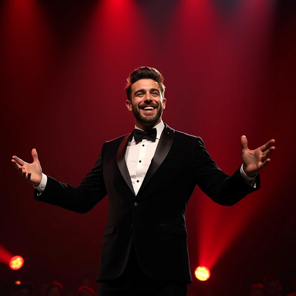 man, 25 years old,  brown eye ,  combed hair , neat,  smiling facial expression , joyful emotion, beard^ confident posture ,  gestures during the performance ,  dressed in a classic black tuxedo with a butterfly,  bright stage lighting , ordinary ,  backgr...