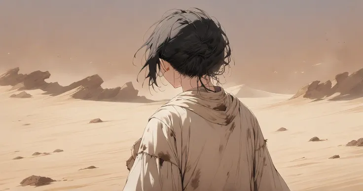 desert　 back view　 Girl with Long Black Hair　Tattered and dirty white clothes　anime