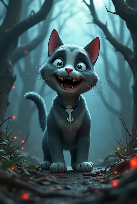 Cat rocky as a giant zombie light grey fur and white line on front and key in neck transformation into giant zombie 3d ,4k, horror forest paw patrol 