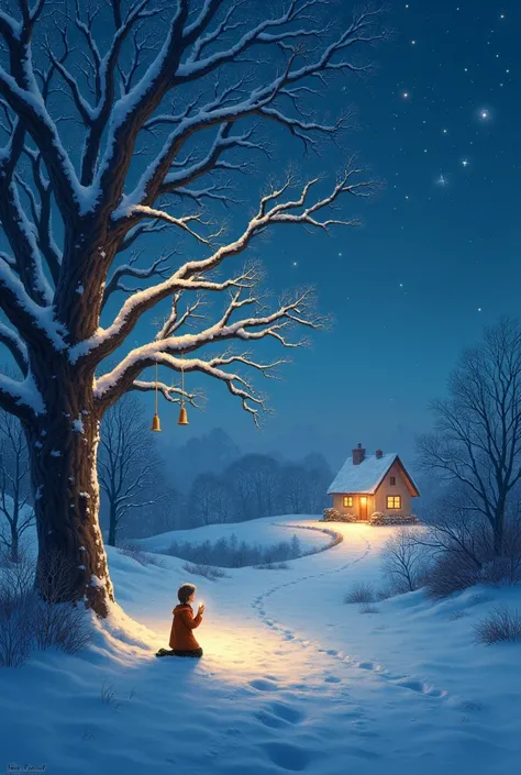 Sky with stars ,  lit tree , bright house,  small  praying,  illuminated road , angels , bells ,  snow