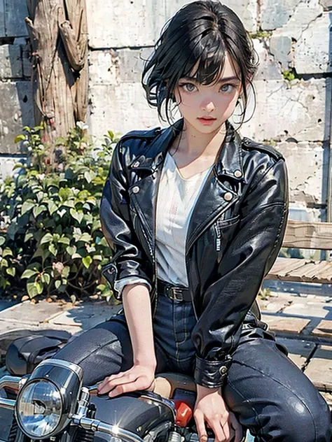 ( motorcycle riding:1.5, ハーレーダビットソン)、( A sports bike that is completely mechanically correct )、  is completely anatomically correct、Extremely beautiful young woman、1 person、 beautiful faces,  beautiful delicate eyes,  black hair,  short bob hair、 leather j...