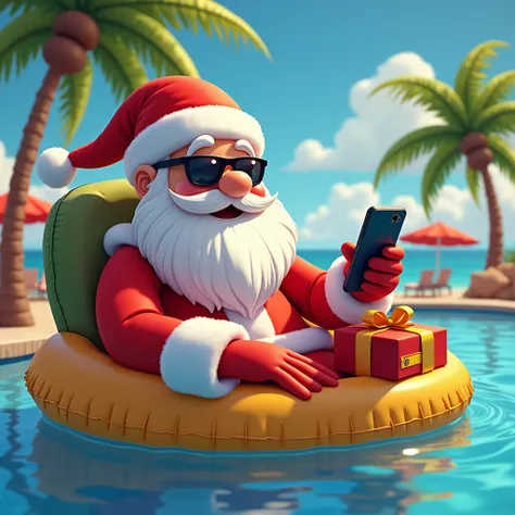  Santa Claus with sunglasses sitting on an inflatable chair near the pool,  holds the smartphone with one hand and looks at it ,  and the other hand is placed on a gift ,  palm trees can be seen in the background and the Spanish flag , Art picture ,  taken...