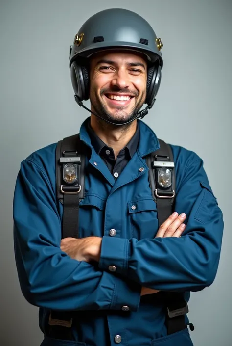 A young male technician with a helmet and equipment standing and smiling, portrait shot and from the waist up