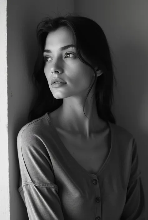 arafed woman in a gray shirt posing for a black and white photo, a black and white photo inspired by Maud Naftel, reddit, surrealism, black and white picture, black and white photo, black and white portrait, infp young woman, in black and white, with pale ...