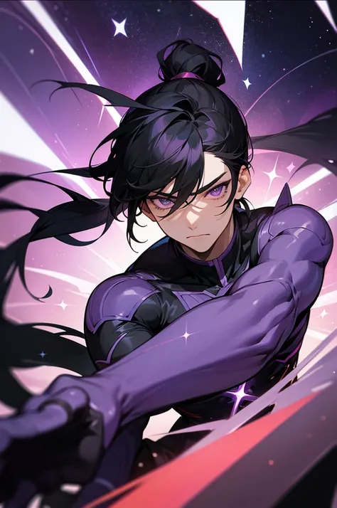 masterpiece, best quality, diluc , 1boy, male focus, Black hair, Violet eyes, long hair, solo, Stars background, hair between eyes, bangs, closed mouth, ponytail, sparkle, X men super hero suit.