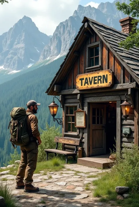 Realistic photo of a hiker in front of a tavern.