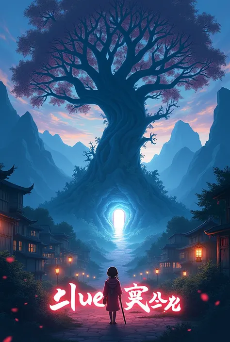 Create a A visually stunning anime-inspired poster with a surreal and magical atmosphere. The scene features a serene village nestled in a valley surrounded by towering, misty mountains under a twilight sky. A glowing, ancient tree with sprawling branches ...