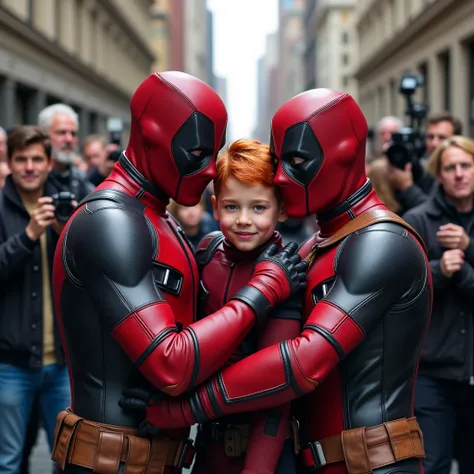 The red-haired boy in the Deadpool costume was hugged tightly by his parents in the Deadpool and Captain Marvel costumes, all smiling and crying sadly, in the middle of the city and surrounded by journalists and reporters.