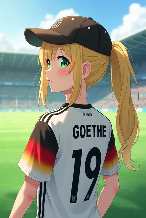  A BLONDE GIRL WITH EMERALD GREEN EYES ,  ON HER BACK LOOKING OUT TOWARDS THE FOOTBALL FIELD ,  WEARING THE JERSEY OF THE GERMAN NATIONAL TEAM WEARING 19 AS A NUMBER. AND THE NAME GOETHE ,  PLUS SHE WEARS A SPORTS CAP , version/ anime style 