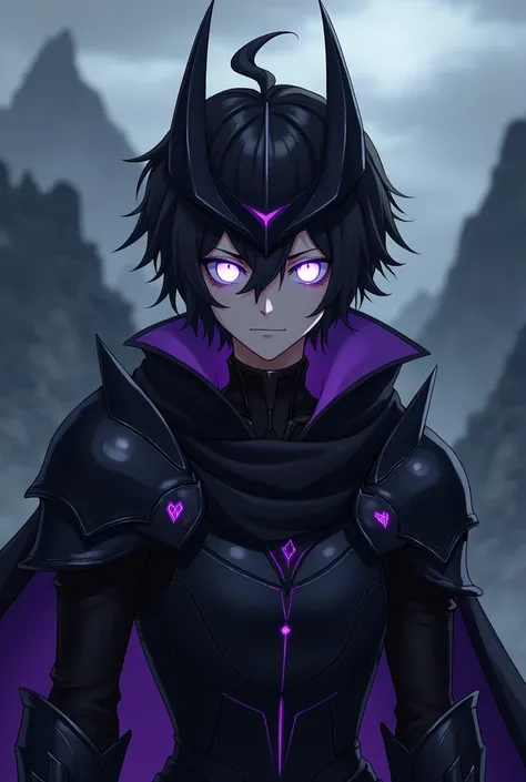 image of better quality, medieval fantasy style, anime style, Imagine a teenage male , with dark skin,  with totally white eyes without irises and pupils ,  wearing dark black armor with highlighted purple details, helmet with side spines, setting of a dar...