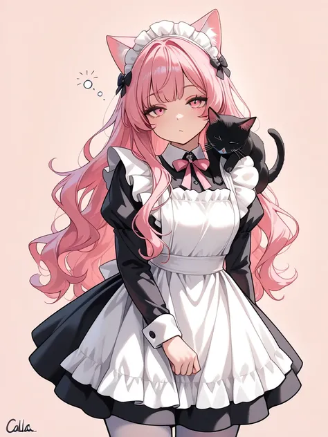 ((masterpiece, best quality)), 1girl with a cat, pink hair, long hair, wavy hair, pink eyes, alpca, personification, fluffy, maid, frills, white pantyhose, sleepy, calm, looking at viewer, cowboy shot, cat with a bored face on shoulder, no cropping, simple...