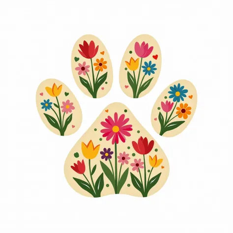 This design features a stylized paw print with vibrant floral motifs. Each toe pad and midfoot pad is uniquely decorated with colorful flowers, including tulips, daisies, and other blooms, in shades of pink, yellow, orange, blue, and green. The overall aes...