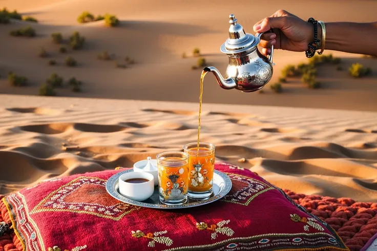 Un homme vêtu de lhabit traditionnel marocain, buvant du thé marocain dans le désert au coucher du soleil, une évasion parfaite en toile de fond, avec un chameau assis à côté de lui.