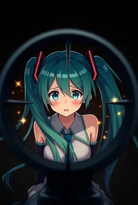  Hatsune Miku 、Hibana、（Being targeted by a scope）、（Top view）、 top quality 、Clear Patterns 、Teary-eyed、 black background、（Sparks are fluttering）、Only the inside of the scope is bright、 hair that flutters like its dancing through the air thats only bright in...