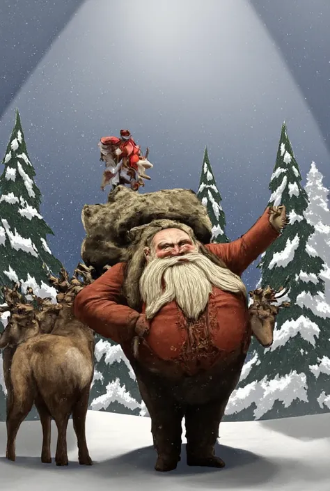 A fat and dirty Santa Claus with his reindeer congratulating Christmas