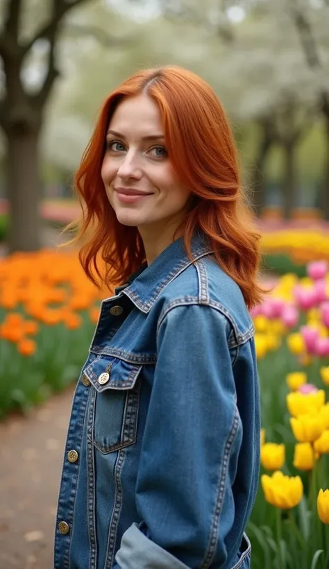 A 35-year-old woman with medium-length red hair, wearing a denim jacket, walking through a vibrant flower garden in spring.