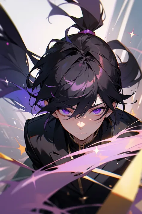 masterpiece, best quality, diluc , 1boy, male focus, Black hair, Violet eyes, long hair, solo, School background, hair between eyes, bangs, closed mouth, ponytail, sparkle, School Unform