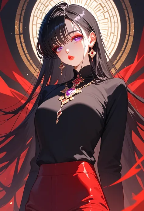 juvenile, long hair,Neutral, slender,Beautiful,Bangs that hide the left eye, black hair,Hairstyle with steps , small tits,Big butt , purple eyes,Jewel Eyes,Iridescent iris, under eyes are red, gradation lips , standing,pants, black shirt, red makeup,絶世のBea...