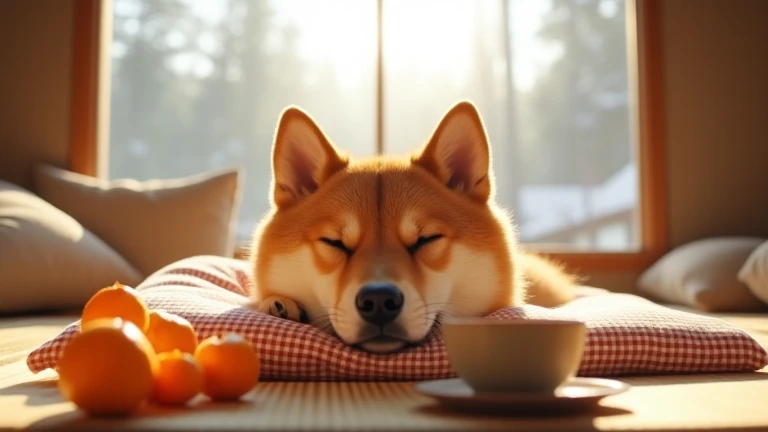 「 Shiba Inu shows only its face from inside the kotatsu 、 it looks like a cup of tea is modestly arranged 。 Shiba Inus expression is relaxed 、 it seems a little sleepy and creates a calm atmosphere 。 A few bright orange tangerines are placed on top of the ...