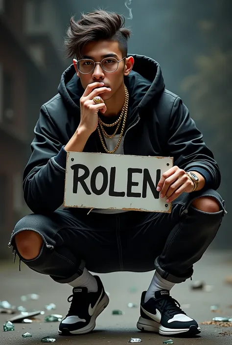 [A young man with a stylish, edgy look crouches down, holding a sign that reads "ROLEN". He wears a black bomber jacket with a hood, ripped black jeans, white socks, and black and white sneakers. He has short, dark hair styled upwards, and he wears thin-fr...