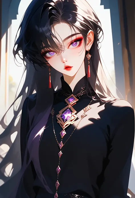 juvenile, long hair,Neutral, slender,Beautiful,Bangs that hide the left eye, black hair,Hairstyle with steps , small tits,Big butt , purple eyes,Jewel Eyes,Iridescent iris, under eyes are red, gradation lips , standing,pants, black shirt, red makeup,絶世のBea...