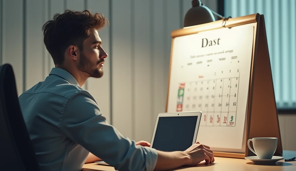  A motivational scene showing a determined young man sitting at a desk, with a calendar marked for 30 days, symbolizing a challenge.