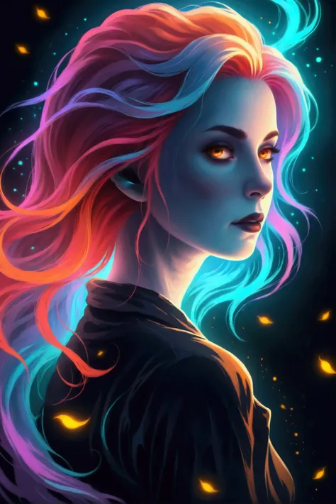 A logo of a female ghost who have a vibrant hair with light background 